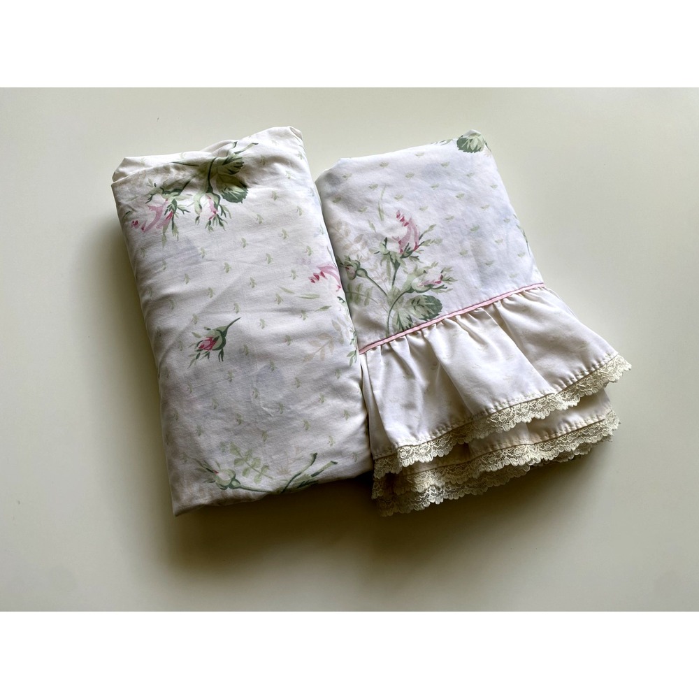Springmaid Double Sheet Set Pink Roses Flat Fitted Cottage Core Ruffles Romantic